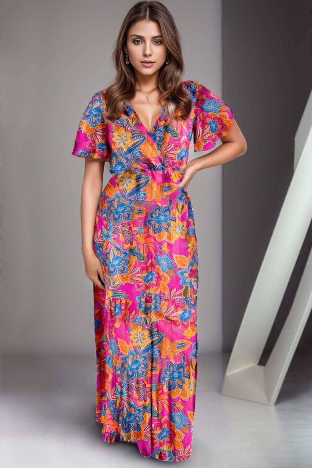 Rosie Printed Surplice Short Sleeve Maxi Dress in - Dresses photo