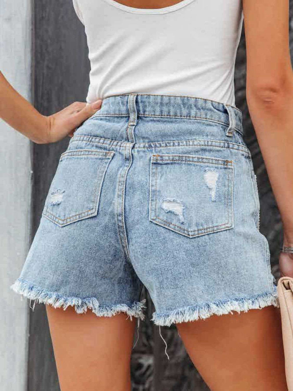 Roxy Distressed Fringe Denim Shorts with Pockets - SwagglyLife Home & Fashion