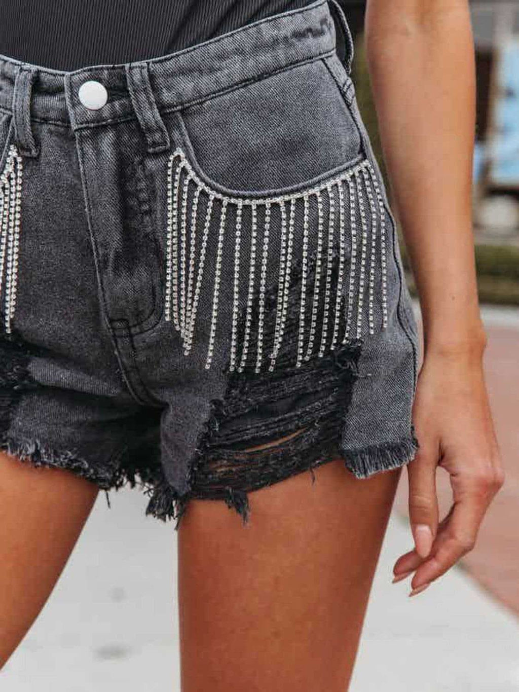 Roxy Distressed Fringe Denim Shorts with Pockets - SwagglyLife Home & Fashion