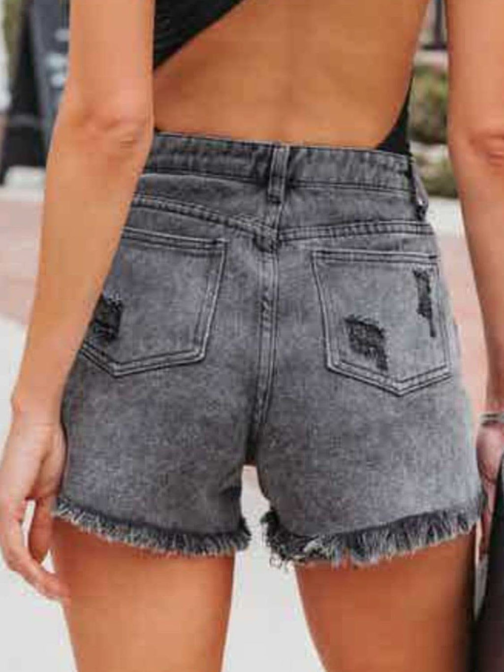 Roxy Distressed Fringe Denim Shorts with Pockets - SwagglyLife Home & Fashion
