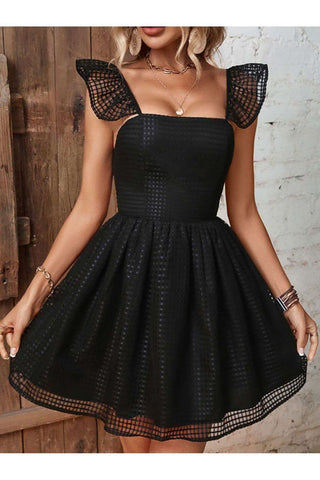 Ruffled Square Neck Fishnet A-Line Dress - SwagglyLife Home & Fashion Ruffled Square Neck Fishnet A-Line Dress - SwagglyLife Home & Fashion