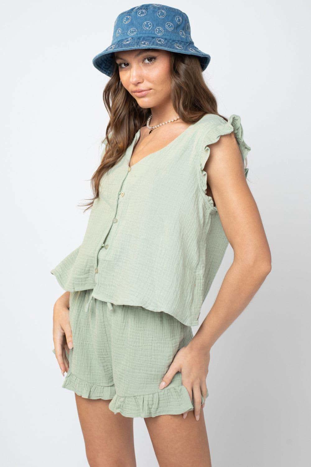 Ruffled V-Neck Cap Sleeve and Shorts Set - SwagglyLife Home & Fashion