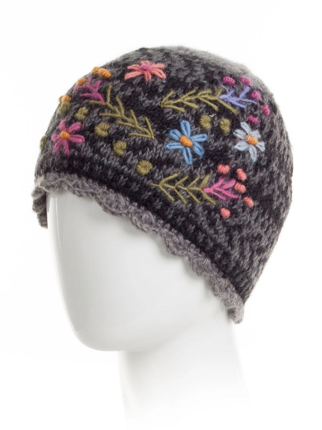 Sadie Wool Knit Embroidered Hat in Black - hat photo