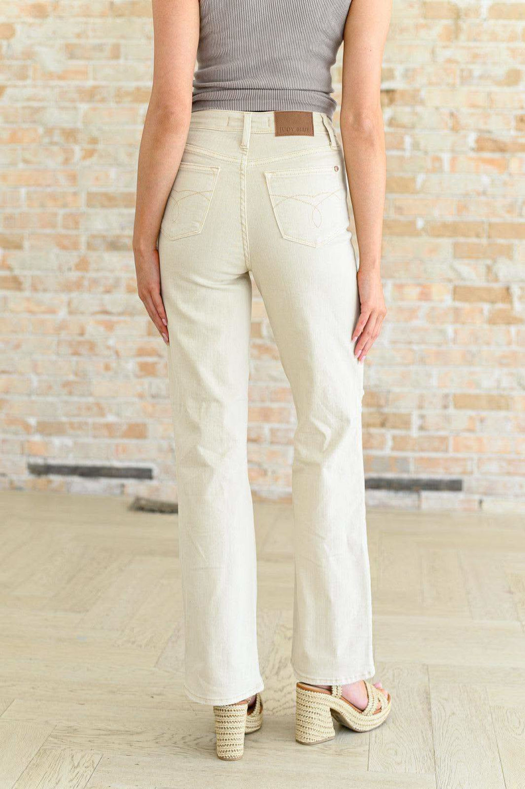 Selena High Rise Distressed 90's Straight Jeans in Bone in - Pants photo