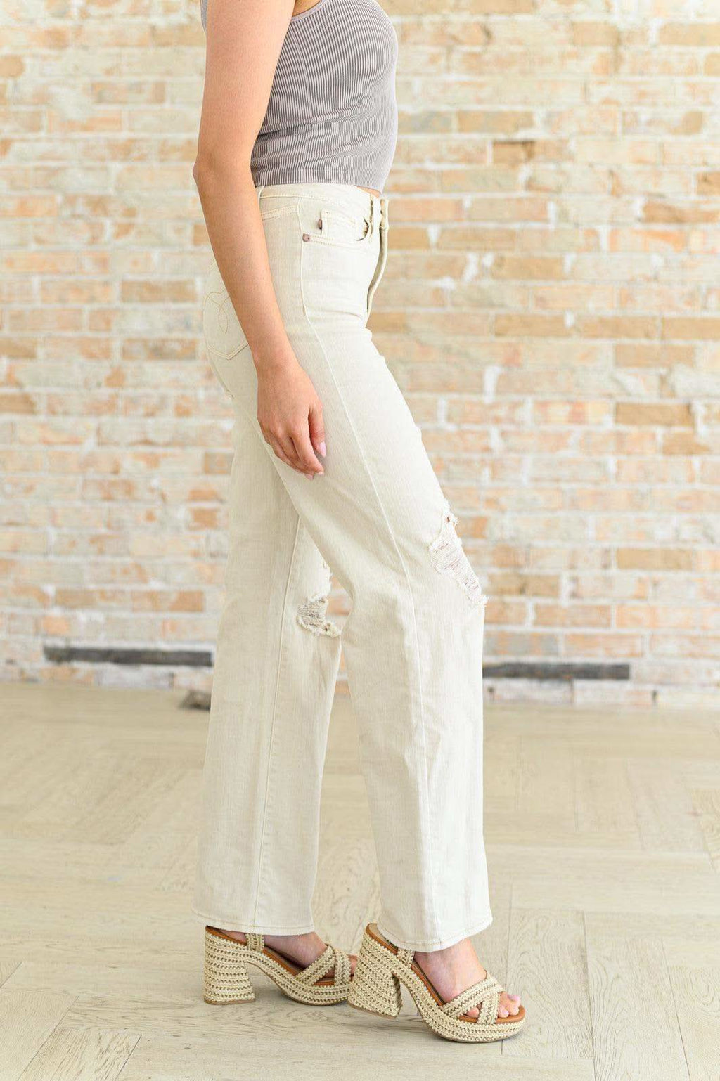 Selena High Rise Distressed 90's Straight Jeans in Bone in - Pants photo