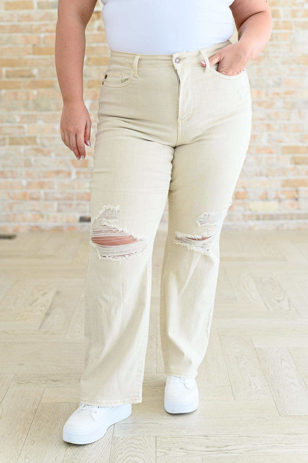Selena High Rise Distressed 90's Straight Jeans in Bone in - Pants photo