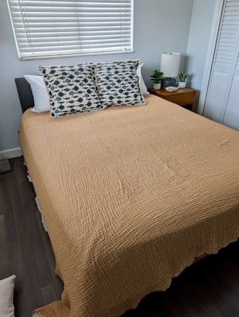 Serene Bedspread Collection – Organic Turkish Cotton, Textured Solid Colors, Queen/King Sizes in Mustard - Blanket photo