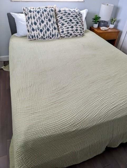 Serene Bedspread Collection – Organic Turkish Cotton, Textured Solid Colors, Queen/King Sizes in Green - Blanket photo