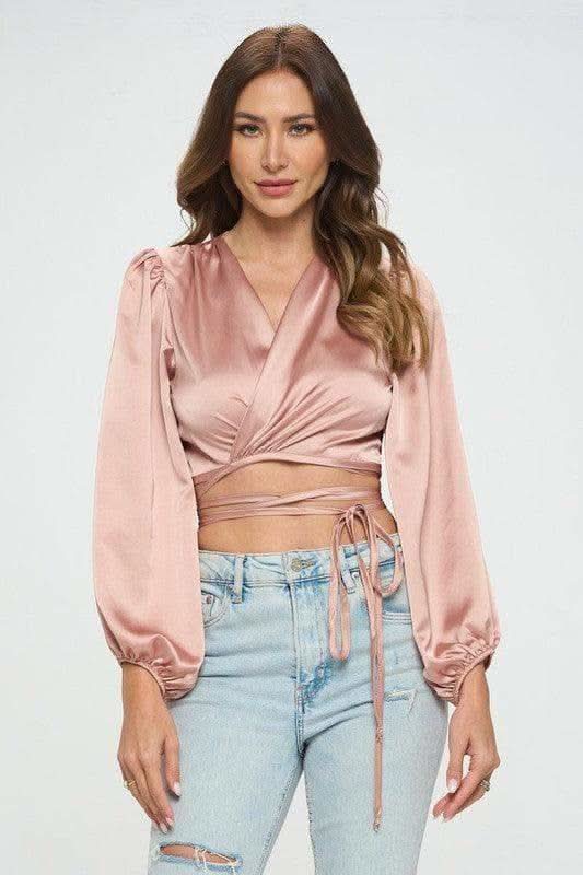 Silky Satin Wrap Crop Top with Tie - SwagglyLife Home & Fashion