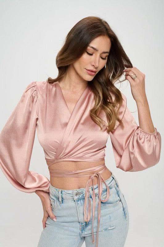 Silky Satin Wrap Crop Top with Tie - SwagglyLife Home & Fashion