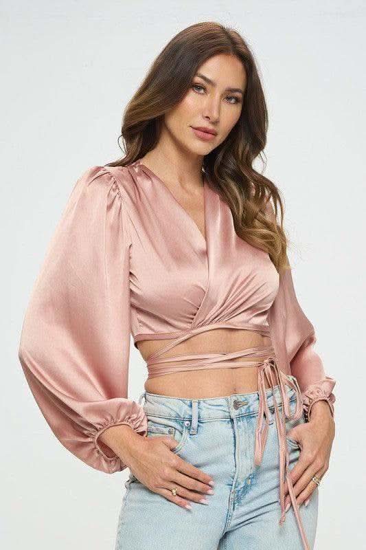 Silky Satin Wrap Crop Top with Tie - SwagglyLife Home & Fashion