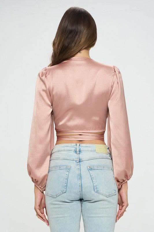 Silky Satin Wrap Crop Top with Tie - SwagglyLife Home & Fashion