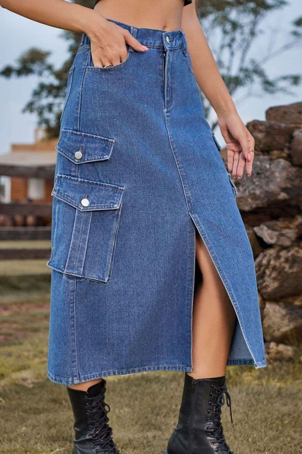 Slit Front Midi Denim Skirt with Pockets, Multiple Colors - SwagglyLife Home & Fashion