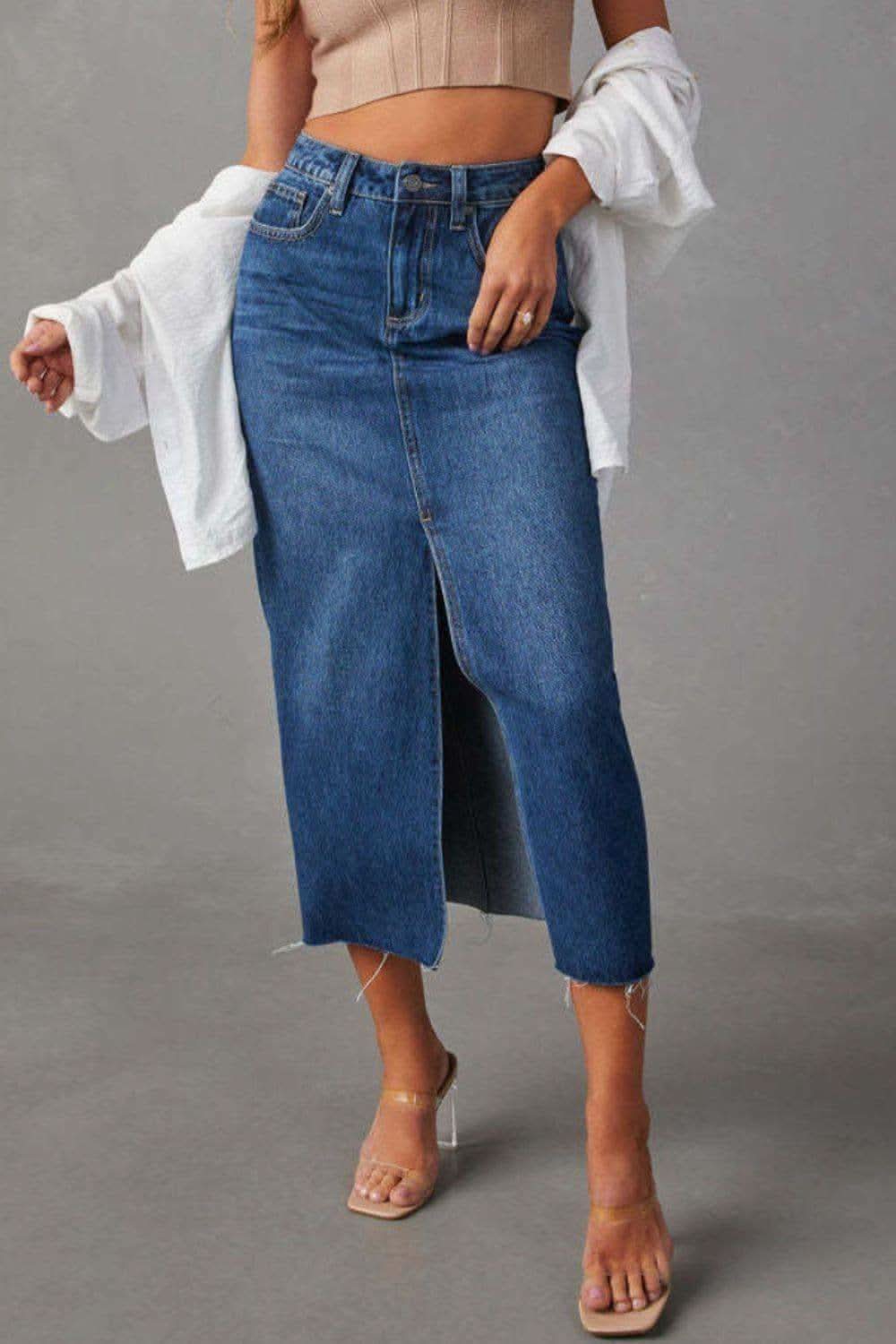 Slit Raw Hem Midi Denim Skirt - SwagglyLife Home & Fashion