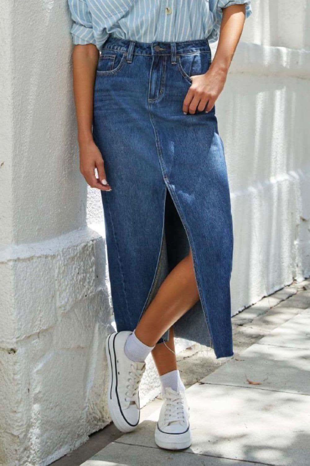 Slit Raw Hem Midi Denim Skirt - SwagglyLife Home & Fashion