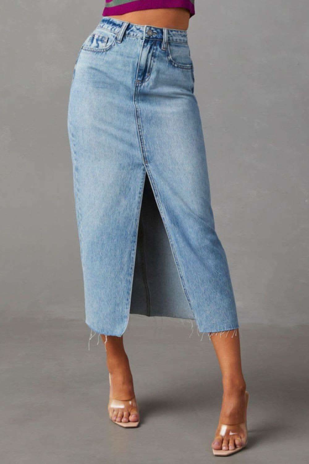 Slit Raw Hem Midi Denim Skirt - SwagglyLife Home & Fashion