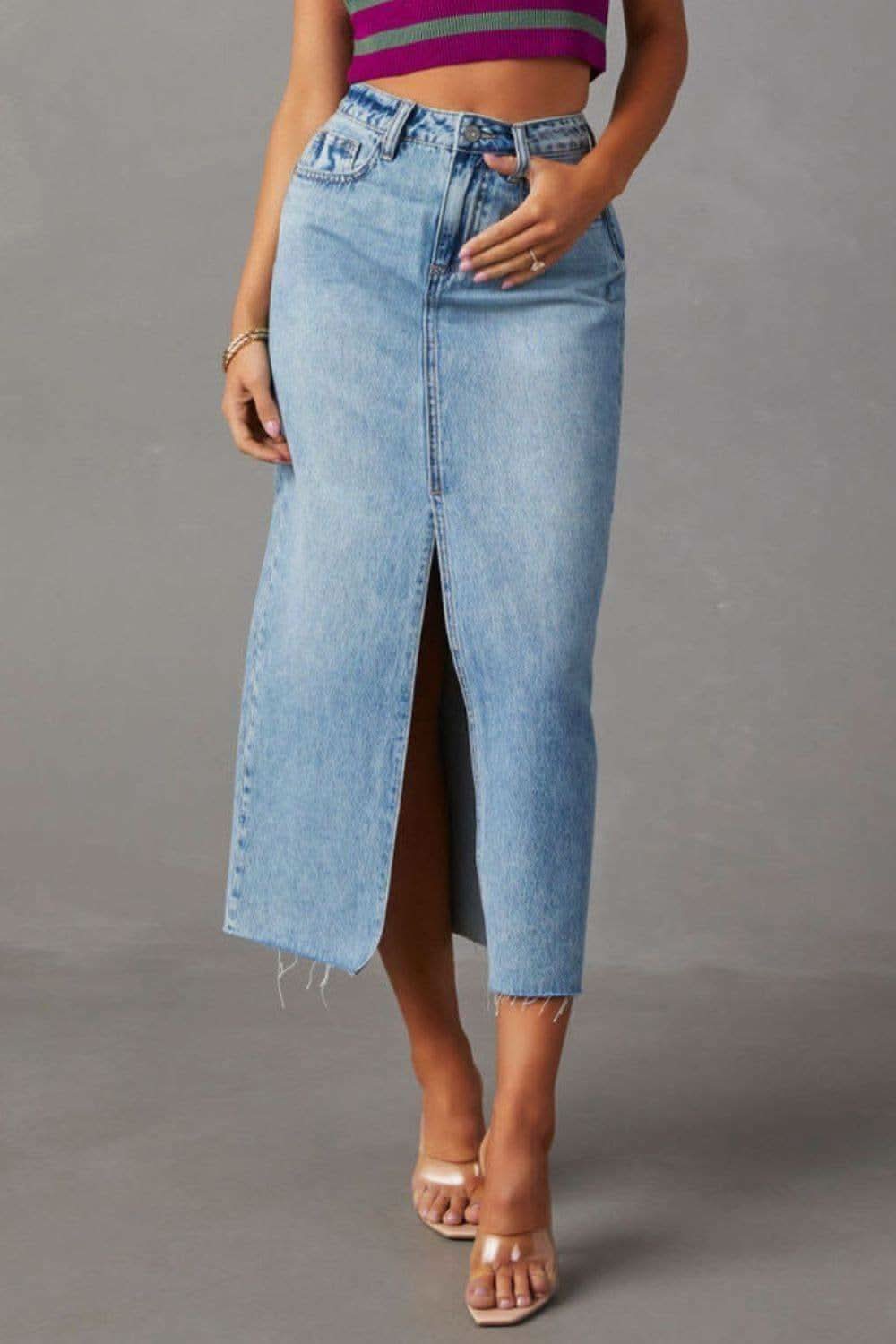 Slit Raw Hem Midi Denim Skirt - SwagglyLife Home & Fashion