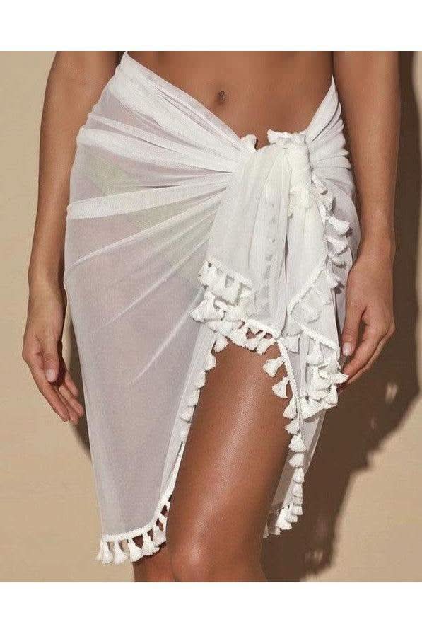 Solid Beach Sarong with Tassels in White M - Swimwear photo