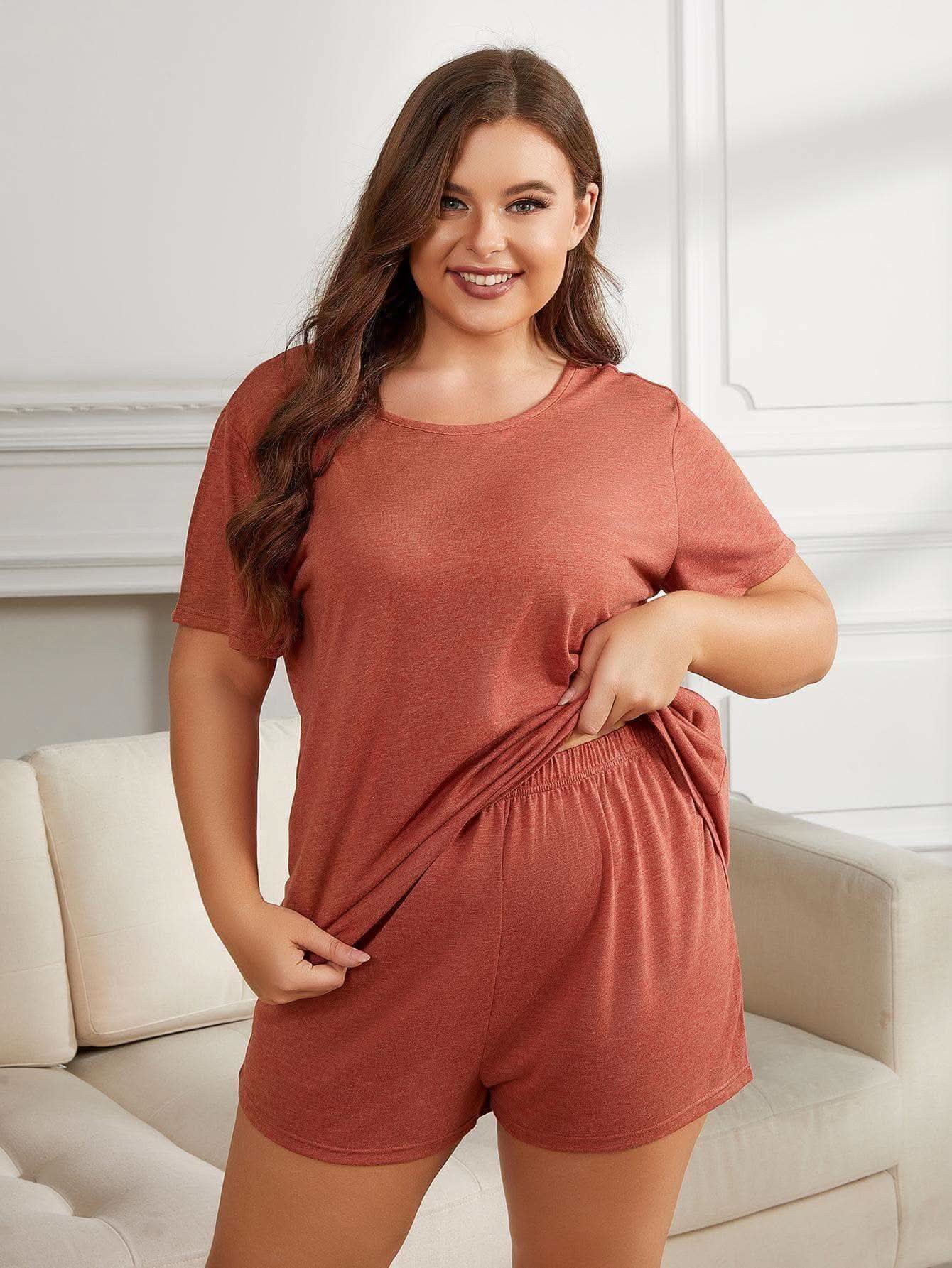Sonia Plus Size Round Neck Short Sleeve Two-Piece Loungewear Set - SwagglyLife Home & Fashion Sonia Plus Size Round Neck Short Sleeve Two-Piece Loungewear Set - SwagglyLife Home & Fashion
