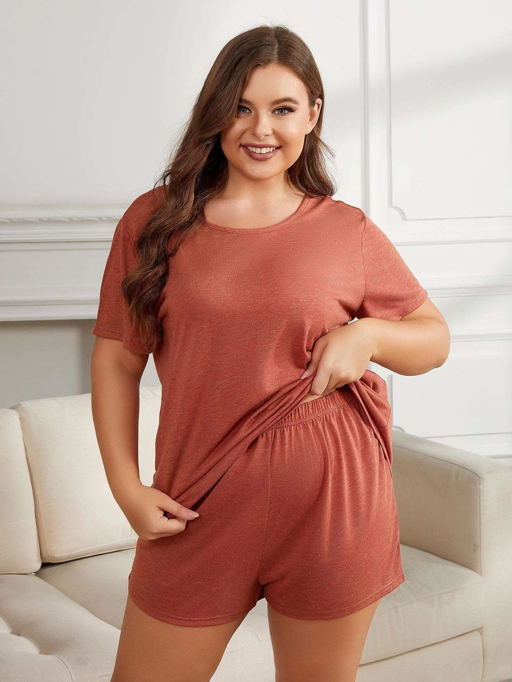 Sonia Plus Size Round Neck Short Sleeve Two-Piece Loungewear Set - SwagglyLife Home & Fashion