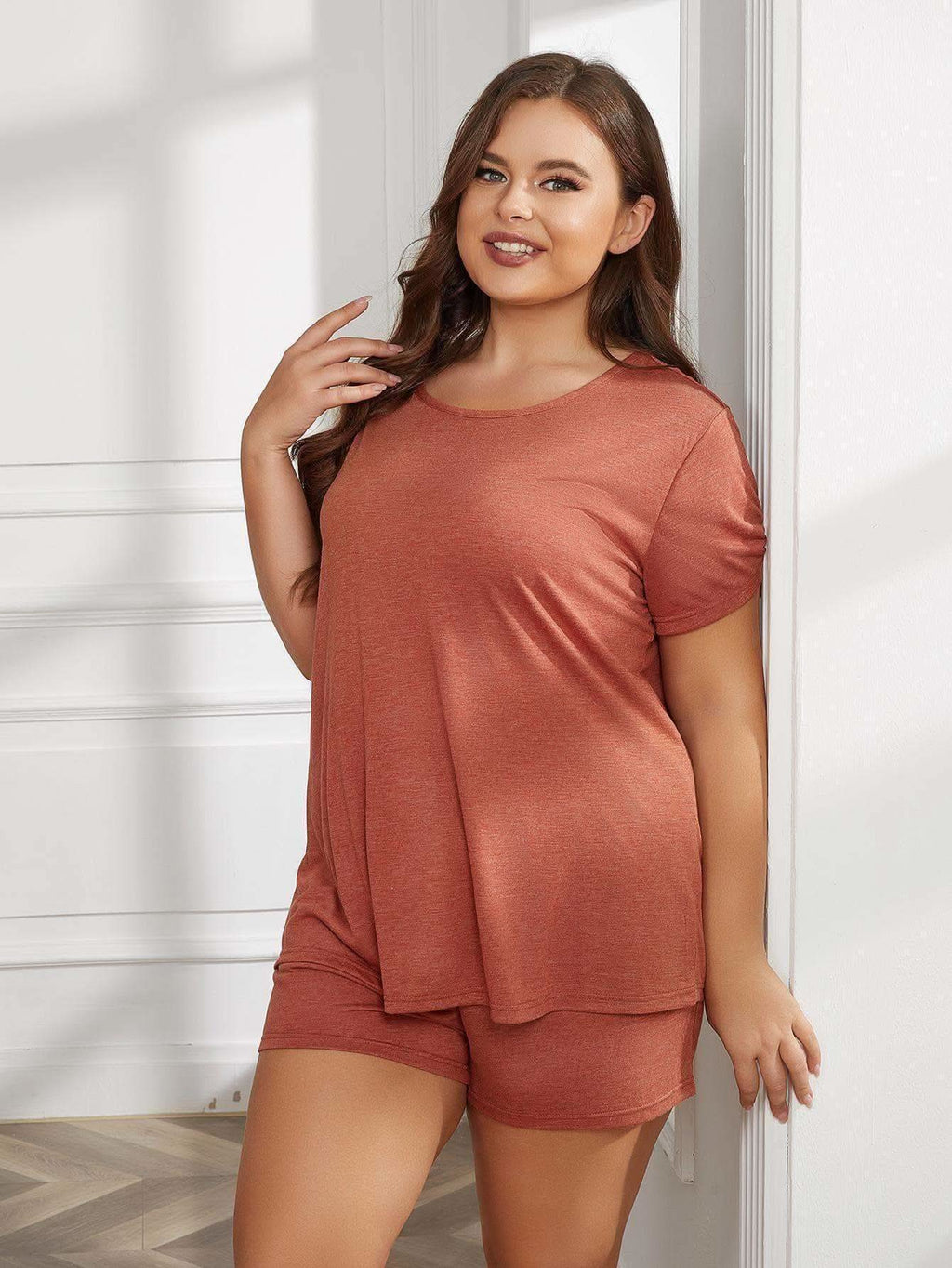 Sonia Plus Size Round Neck Short Sleeve Two-Piece Loungewear Set - SwagglyLife Home & Fashion