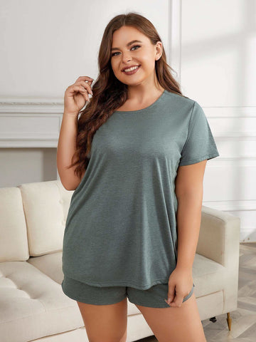 Sonia Plus Size Round Neck Short Sleeve Two-Piece Loungewear Set - SwagglyLife Home & Fashion Sonia Plus Size Round Neck Short Sleeve Two-Piece Loungewear Set - SwagglyLife Home & Fashion