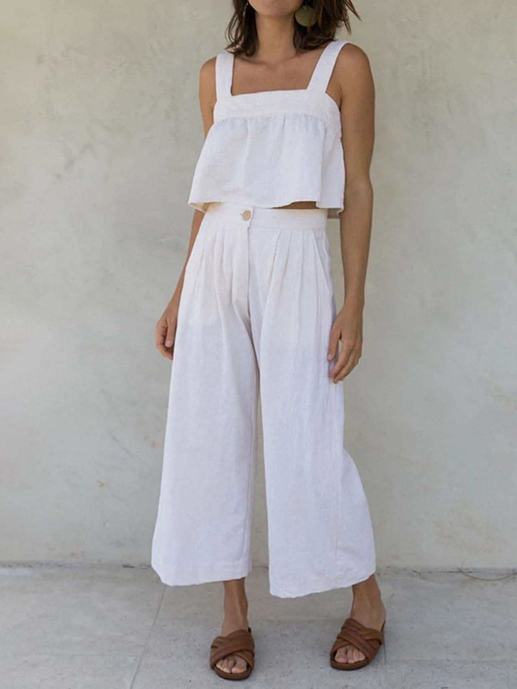 Square Neck Wide Strap Top and Pants Set in White - photo