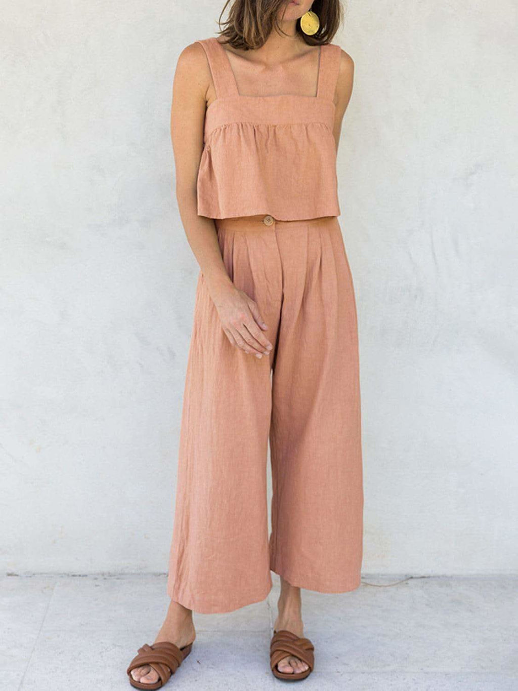 Square Neck Wide Strap Top and Pants Set in Watermelon pink - photo