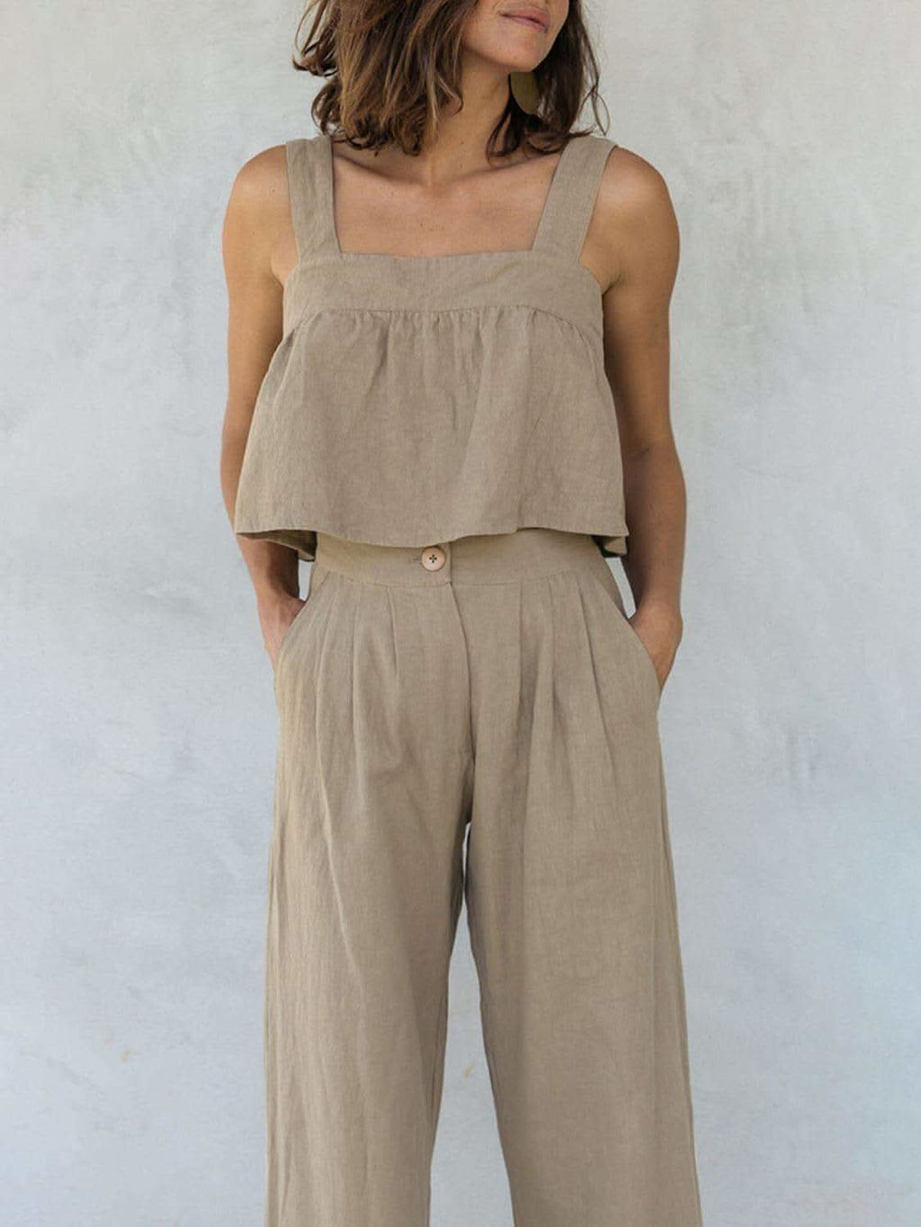 Square Neck Wide Strap Top and Pants Set in Khaki - photo