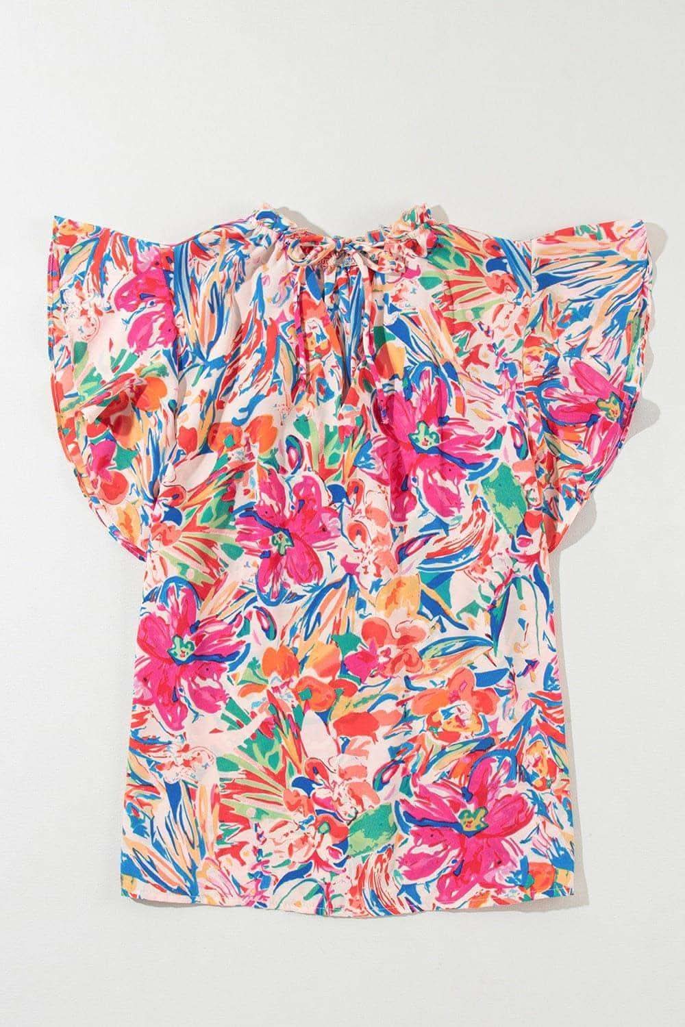 Stacey Ruffled Printed Tie Neck Cap Sleeve Blouse - SwagglyLife Home & Fashion