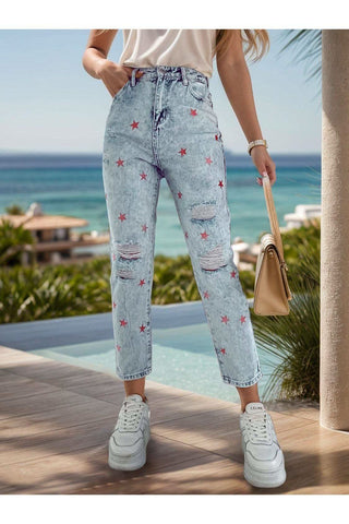 Star Spangled Distressed Star Jeans with Pockets - SwagglyLife Home & Fashion Star Spangled Distressed Star Jeans with Pockets - SwagglyLife Home & Fashion