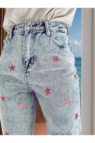 Star Spangled Distressed Star Jeans with Pockets - SwagglyLife Home & Fashion Star Spangled Distressed Star Jeans with Pockets - SwagglyLife Home & Fashion
