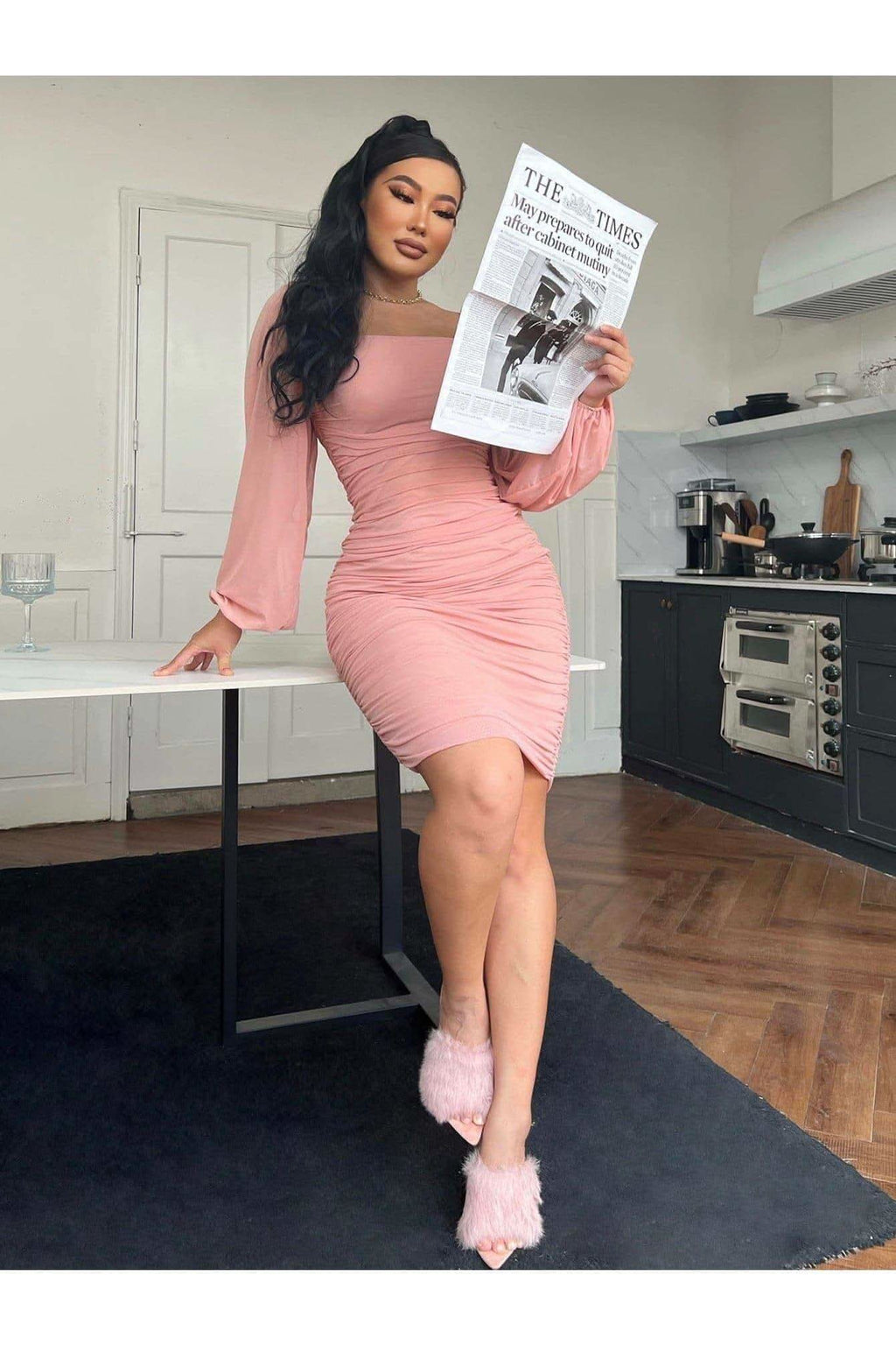 Stella Zip-Back Ruched Bodycon Dress in - Dresses photo