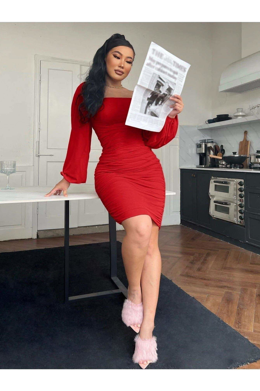 Stella Zip-Back Ruched Bodycon Dress in - Dresses photo