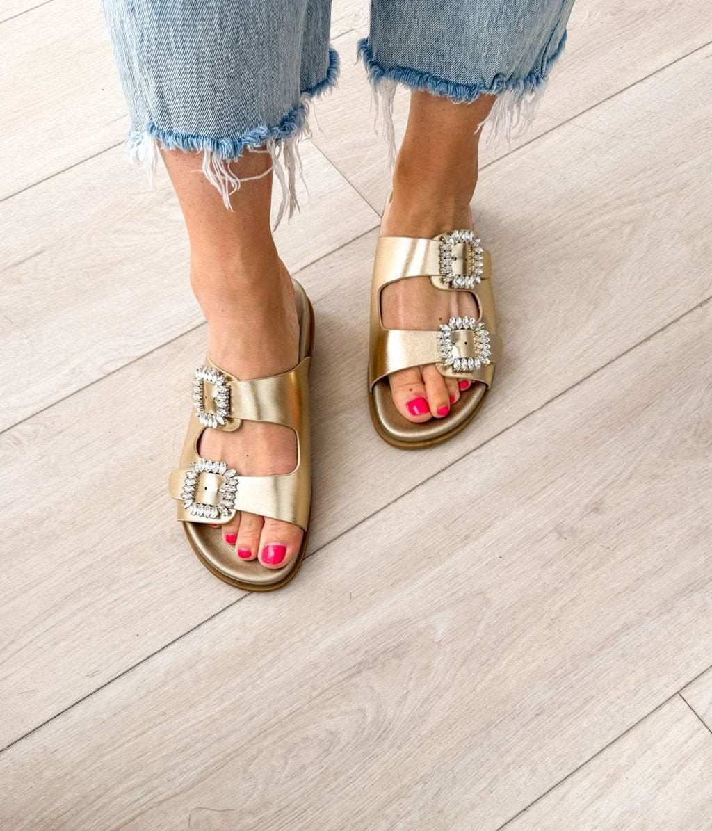 Stellar Rhinestone Buckle Slides in Gold - SwagglyLife Home & Fashion
