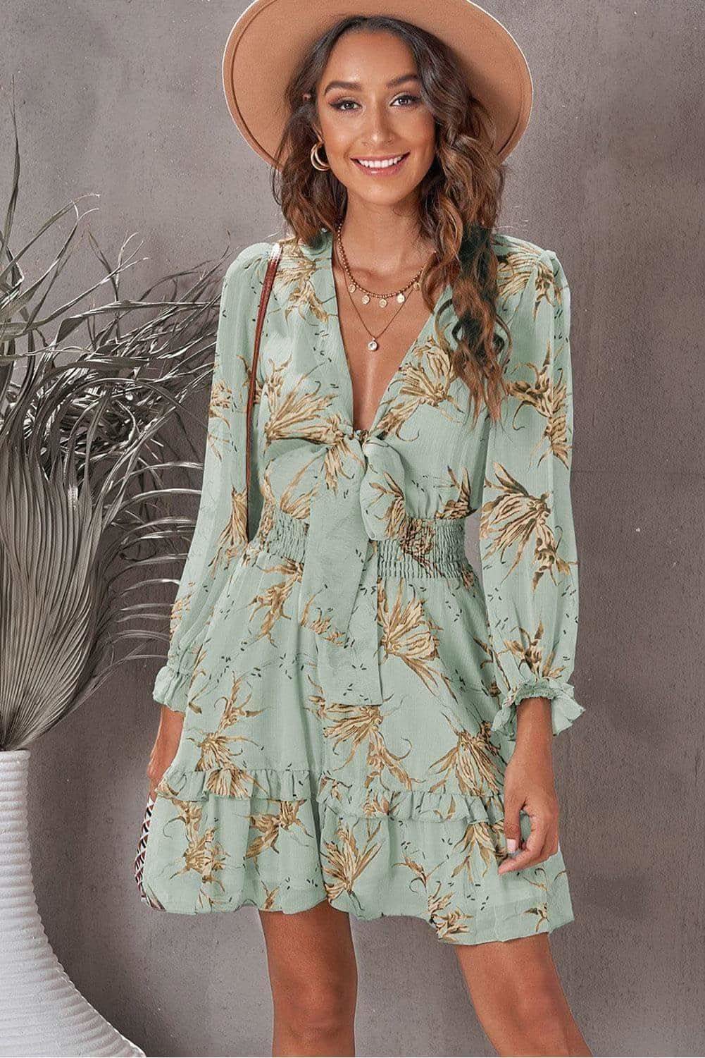Steph Floral Deep V Flounce Sleeve Mini Dress - SwagglyLife Home & Fashion