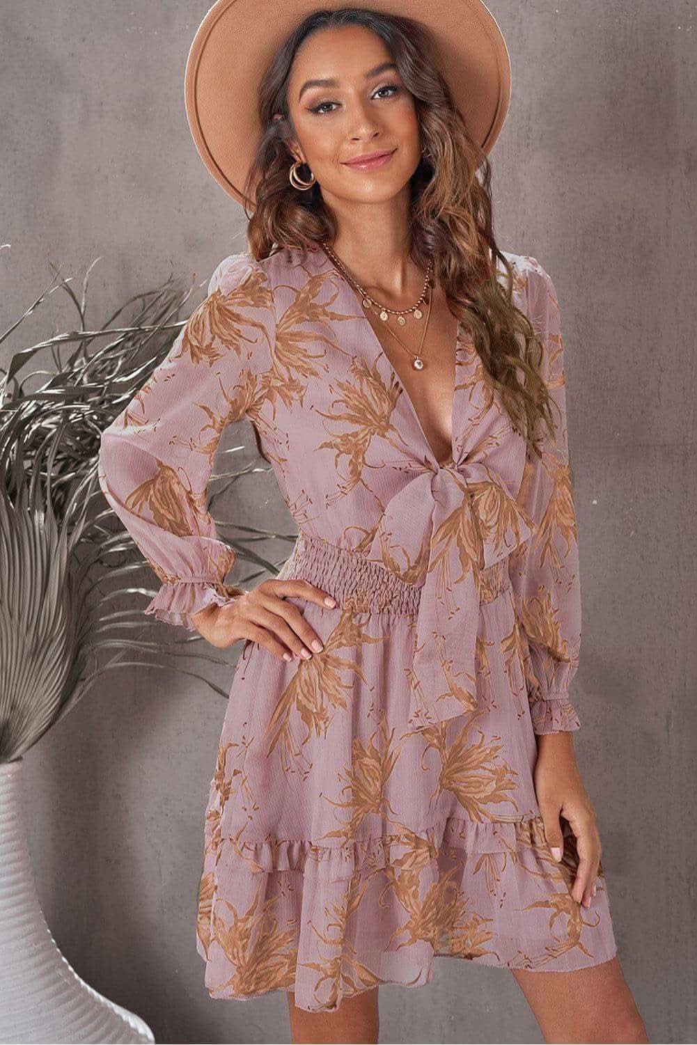 Steph Floral Deep V Flounce Sleeve Mini Dress - SwagglyLife Home & Fashion Steph Floral Deep V Flounce Sleeve Mini Dress - SwagglyLife Home & Fashion