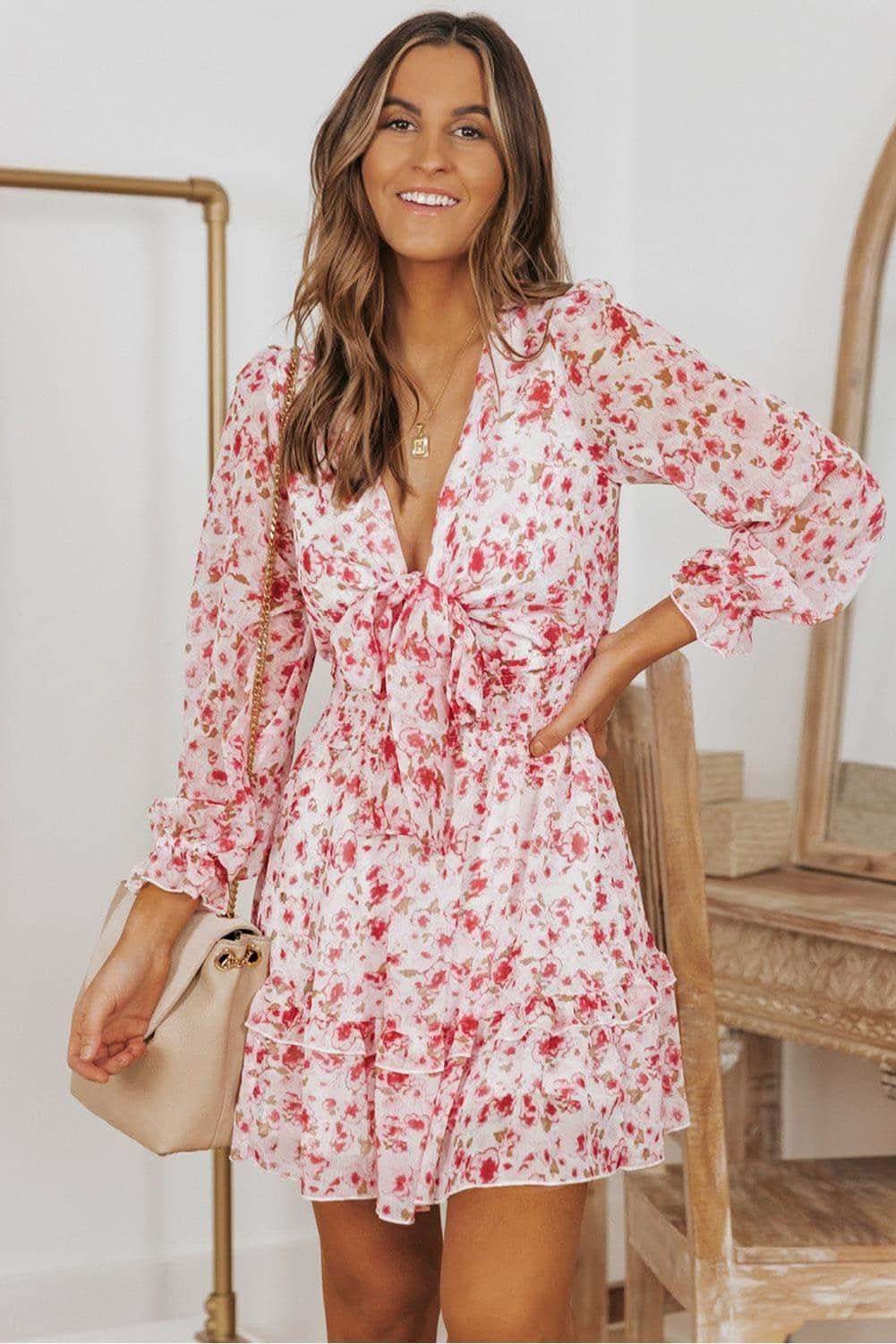 Steph Floral Deep V Flounce Sleeve Mini Dress - SwagglyLife Home & Fashion Steph Floral Deep V Flounce Sleeve Mini Dress - SwagglyLife Home & Fashion