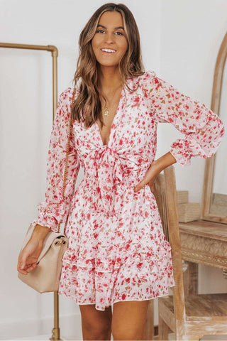 Steph Floral Deep V Flounce Sleeve Mini Dress - SwagglyLife Home & Fashion Steph Floral Deep V Flounce Sleeve Mini Dress - SwagglyLife Home & Fashion