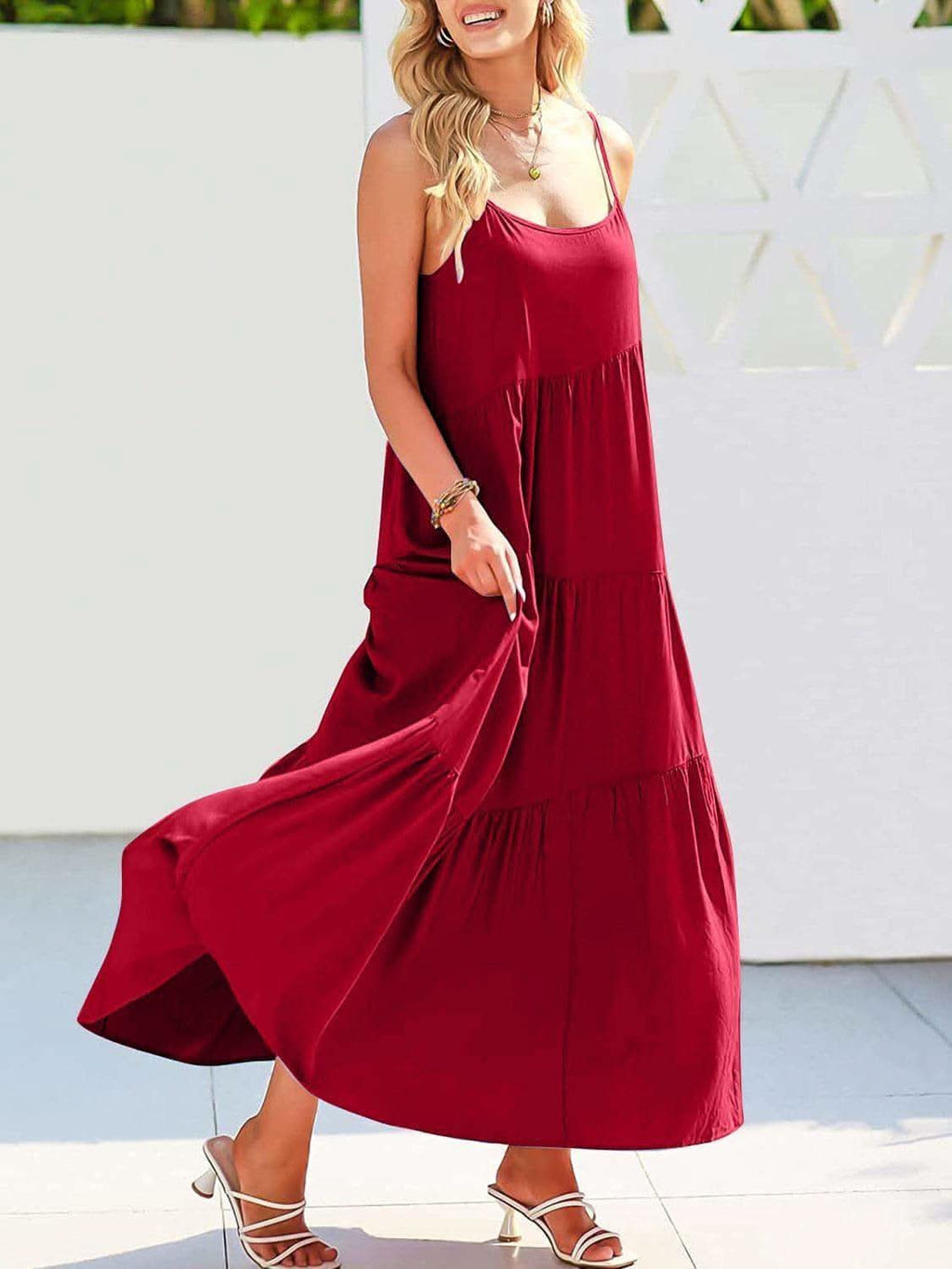 Stephanie Ruched Tiered Spaghetti Strap Dress - SwagglyLife Home & Fashion