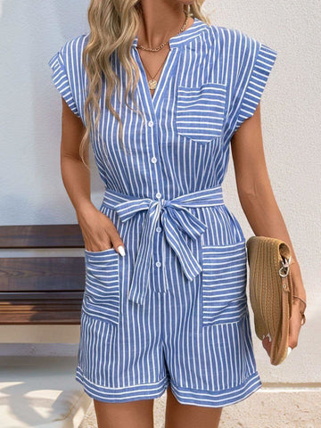 Striped Notched Tie Waist Romper - SwagglyLife Home & Fashion Striped Notched Tie Waist Romper - SwagglyLife Home & Fashion