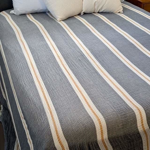 Sunbeam Bedspread Collection – Reversible Organic Turkish Cotton, Striped Design, Fits Queen/King in Navy - Blanket photo