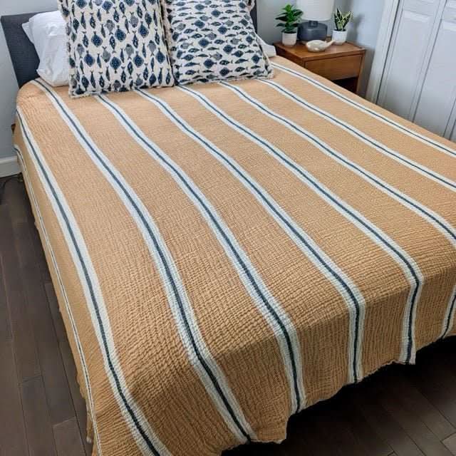 Sunbeam Bedspread Collection – Reversible Organic Turkish Cotton, Striped Design, Fits Queen/King in Mustard - Blanket photo