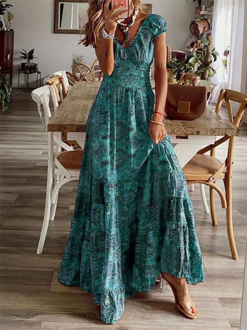 Susan Smocked Printed V-Neck Short Sleeve Dress in Turquoise - Dresses photo