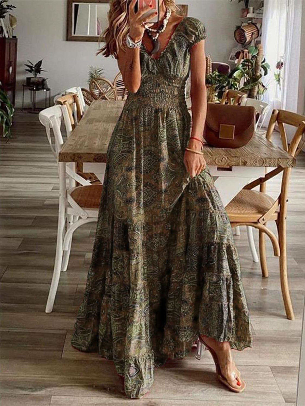 Susan Smocked Printed V-Neck Short Sleeve Dress in Olive Brown - Dresses photo