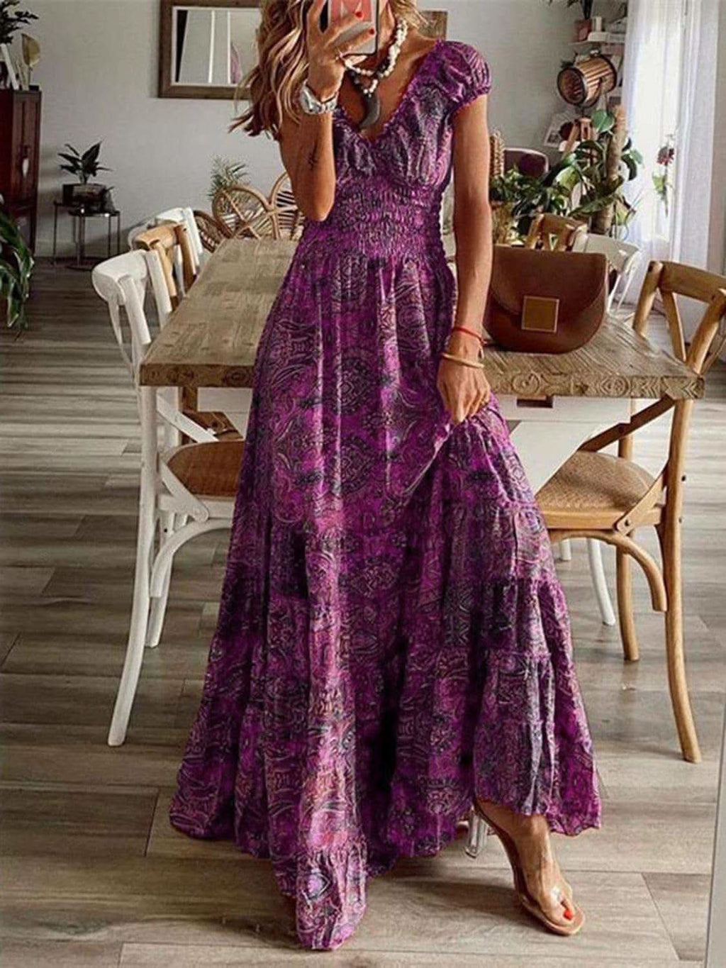 Susan Smocked Printed V-Neck Short Sleeve Dress in Deep Purple - Dresses photo