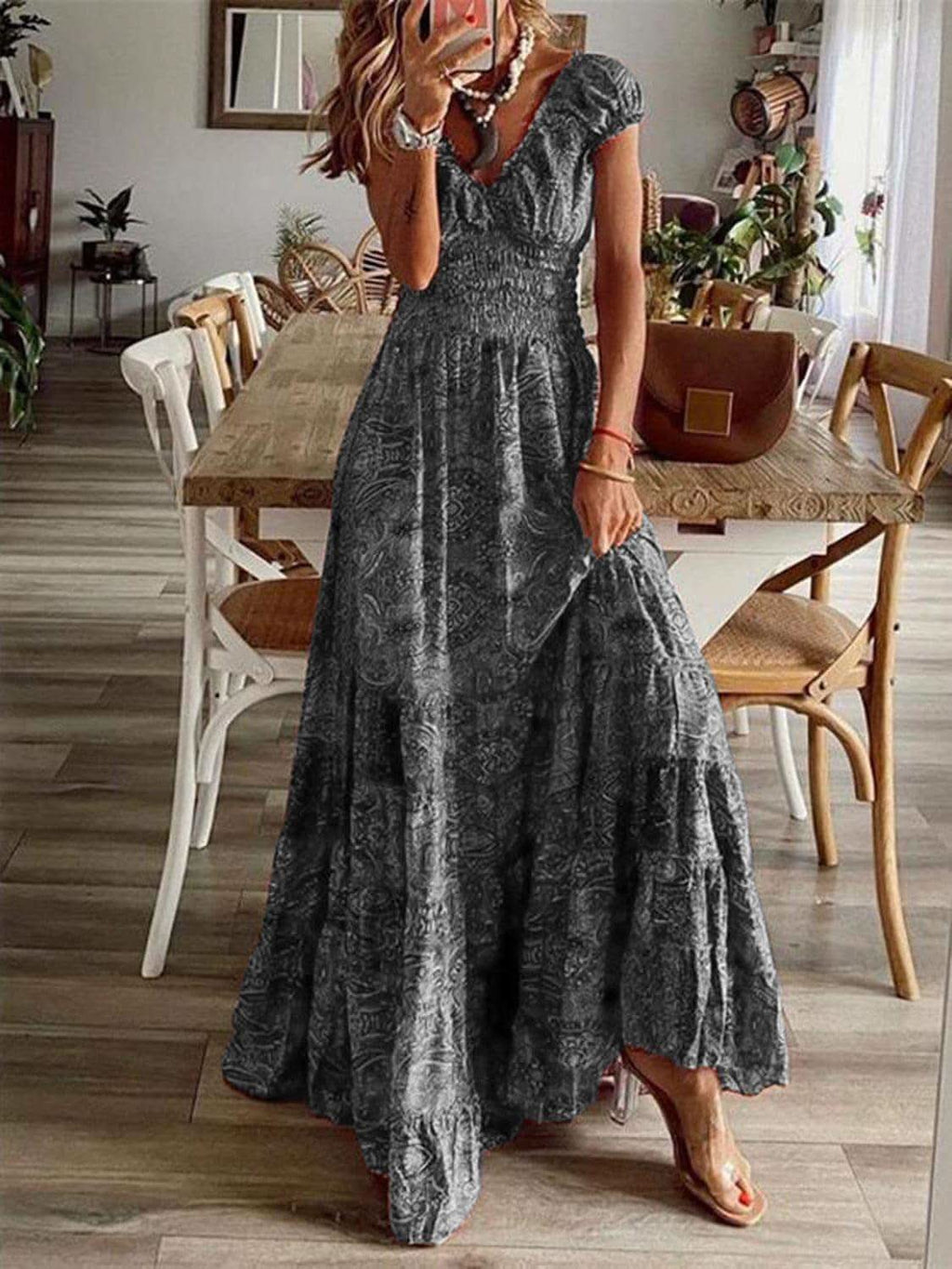 Susan Smocked Printed V-Neck Short Sleeve Dress in Dark Gray - Dresses photo
