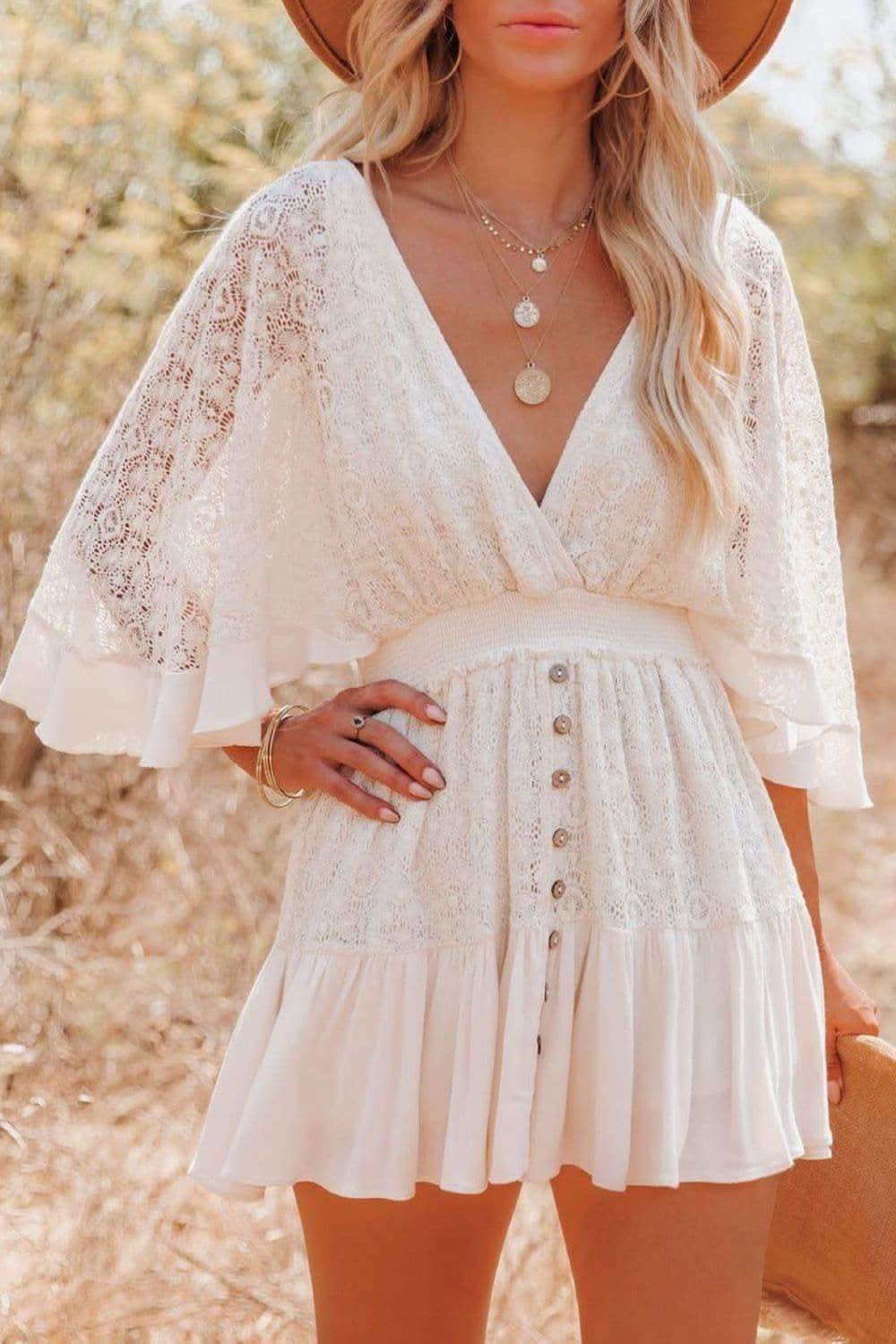 Sweet Love Lace Cutout Surplice Half Sleeve Dress - SwagglyLife Home & Fashion