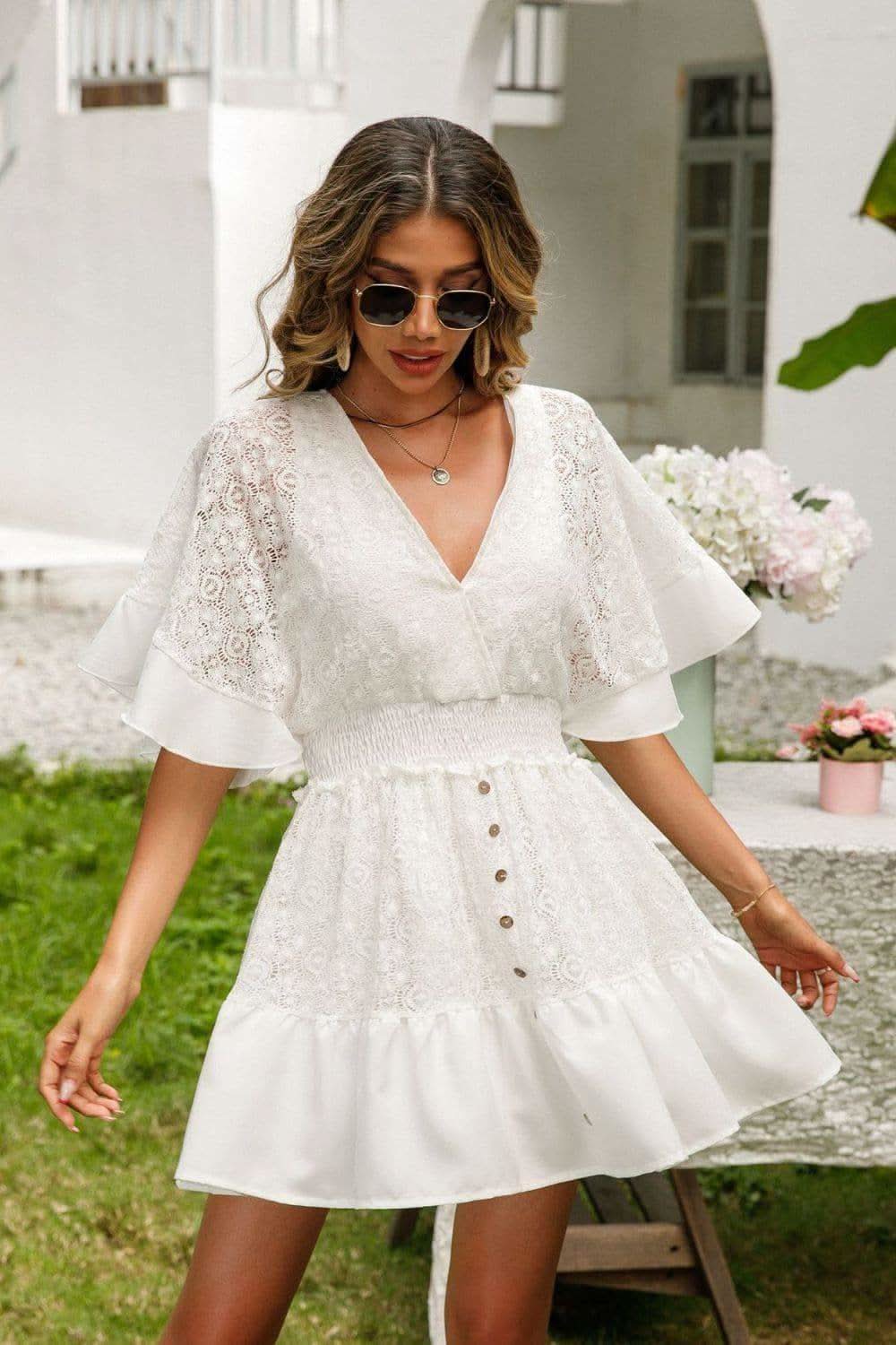 Sweet Love Lace Cutout Surplice Half Sleeve Dress - SwagglyLife Home & Fashion