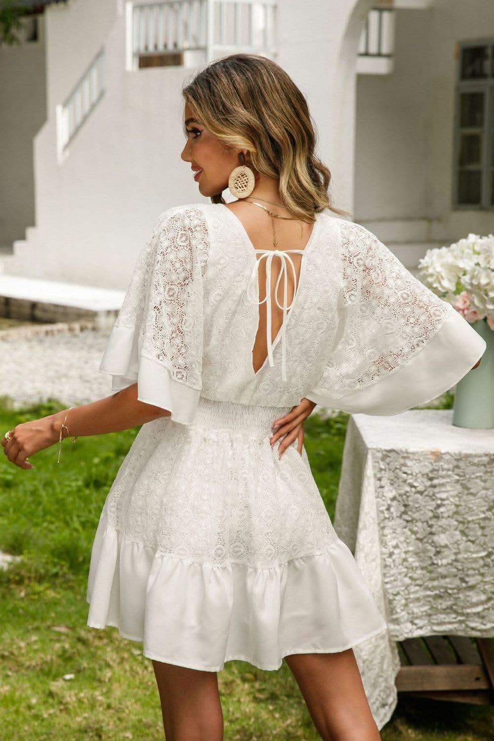 Sweet Love Lace Cutout Surplice Half Sleeve Dress - SwagglyLife Home & Fashion